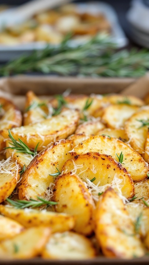 A plate of crispy garlic Parmesan roasted potatoes seasoned with herbs