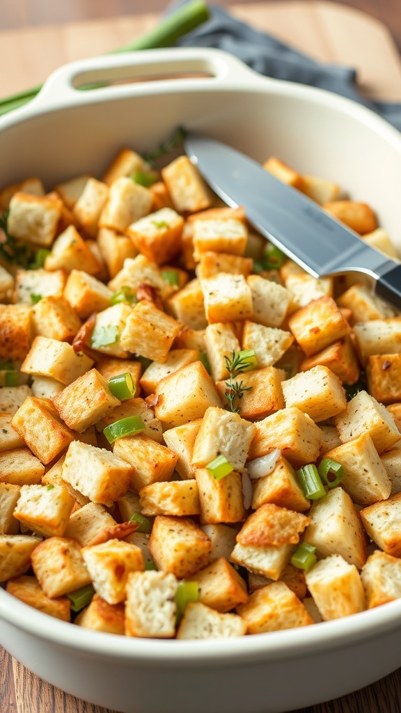 Bowl of gluten-free herb stuffing with bread cubes and green onions.
