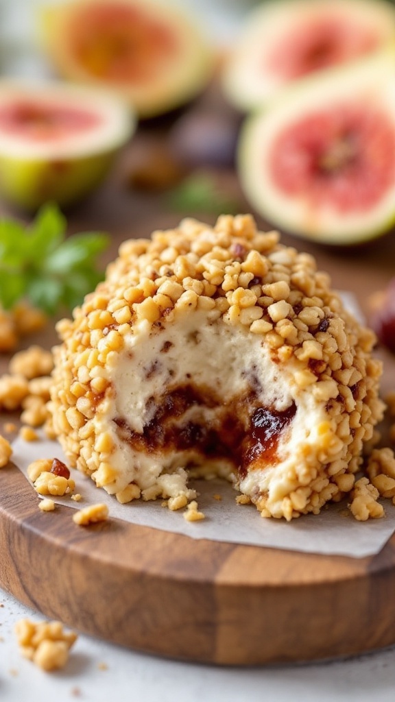 Goat cheese and fig cheese ball topped with chopped nuts.