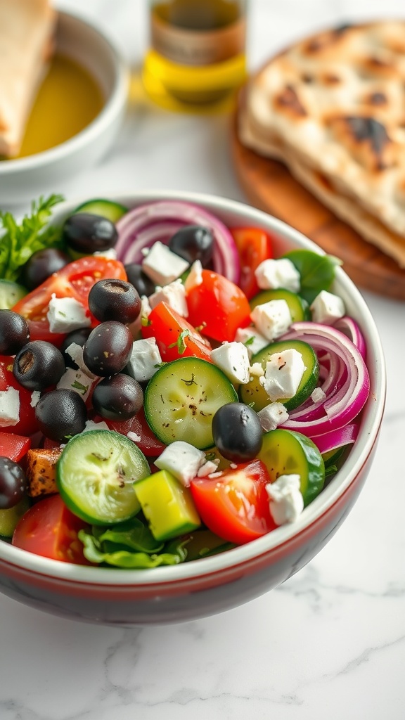 A bowl of Greek cucumber salad with various vegetables, feta cheese, and olives.
