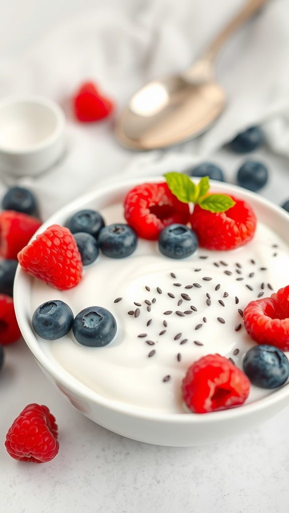 A bowl of Greek yogurt topped with fresh berries and chia seeds.