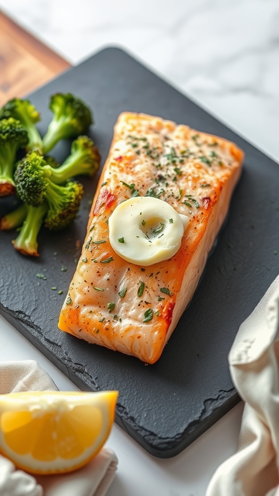 A delicious piece of grilled salmon topped with garlic butter and parsley, served with broccoli and a lemon wedge.