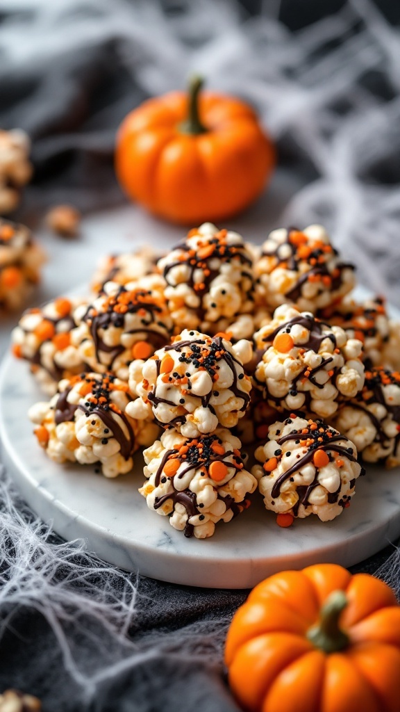 A plate of Halloween chocolate popcorn balls decorated with sprinkles and candy corn.