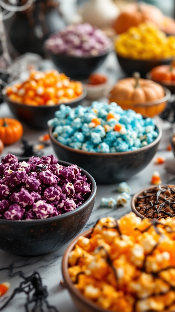 Colorful bowls of Halloween-themed popcorn with various toppings and decorations.