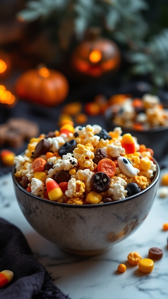 A colorful Halloween popcorn trail mix with popcorn, candy corn, chocolates, and pretzels.