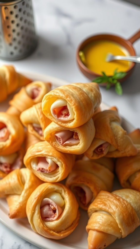 Ham and cheese puff pastry twists served on a plate.