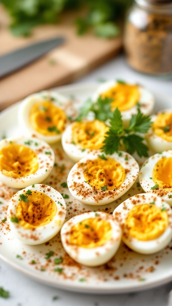 Hard-boiled eggs sprinkled with everything seasoning on a plate, garnished with herbs