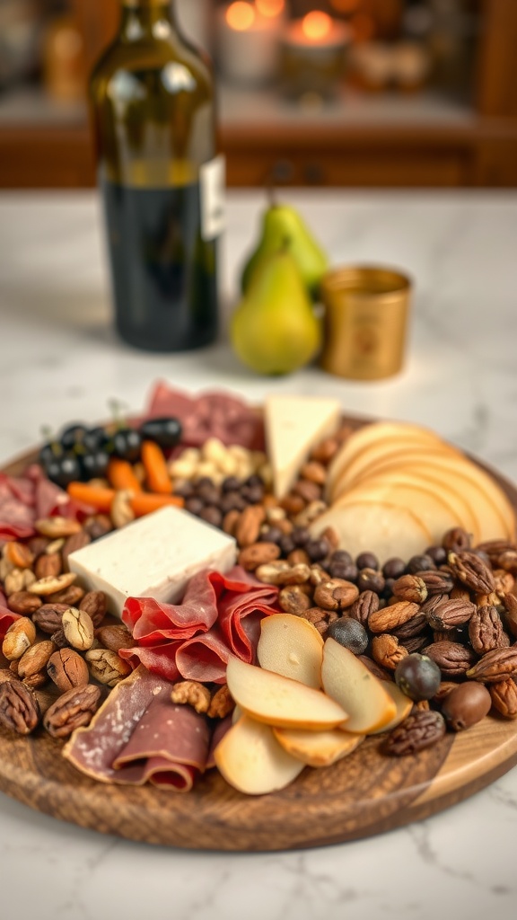 A beautifully arranged Harvest Charcuterie Board with meats, cheeses, nuts, and fruits.