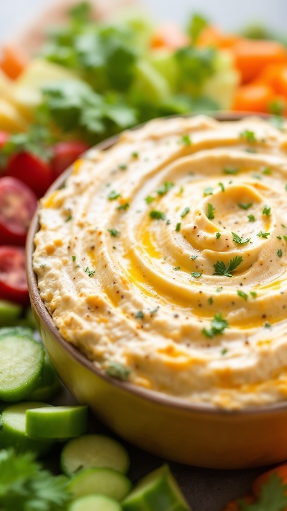 A creamy vegetable dip garnished with diced peppers and parsley, perfect for Thanksgiving.