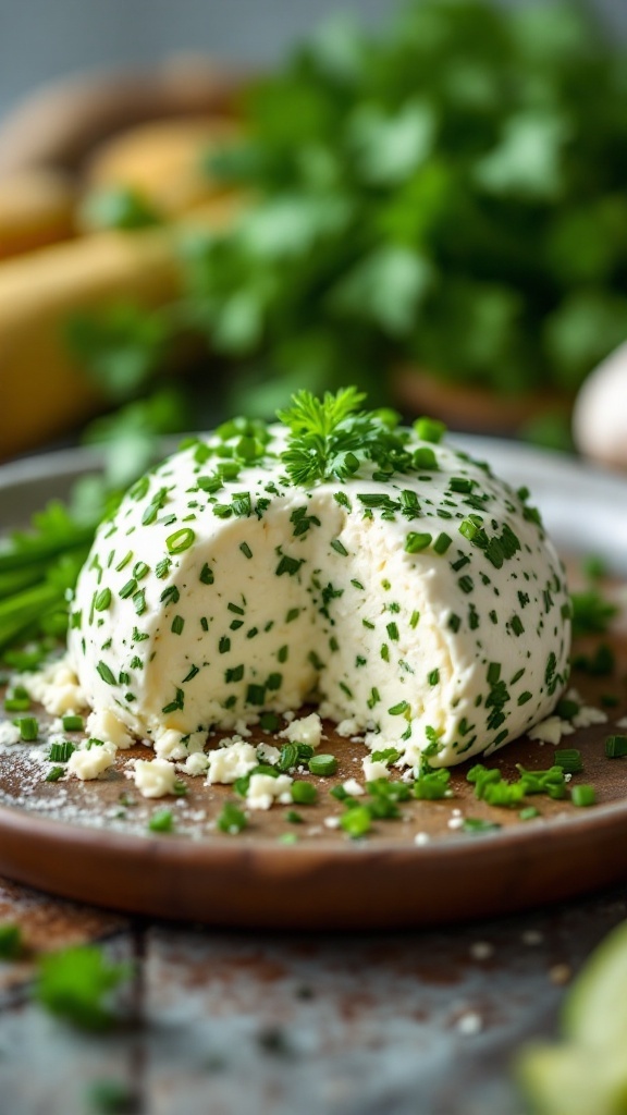 A herb and garlic cheese ball topped with chopped herbs on a wooden plate.