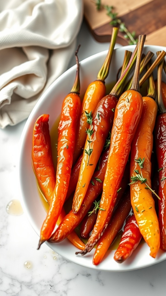 A bowl of delicious honey glazed carrots garnished with herbs.