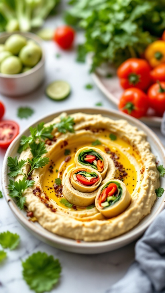 Hummus and veggie pinwheels on a plate with fresh vegetables