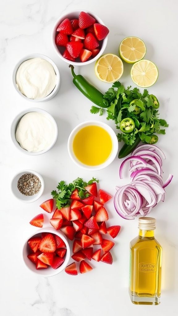 Ingredients for strawberry pico de gallo including strawberries, red onion, cilantro, jalapeños, olive oil, lime, salt, pepper, and Greek yogurt.