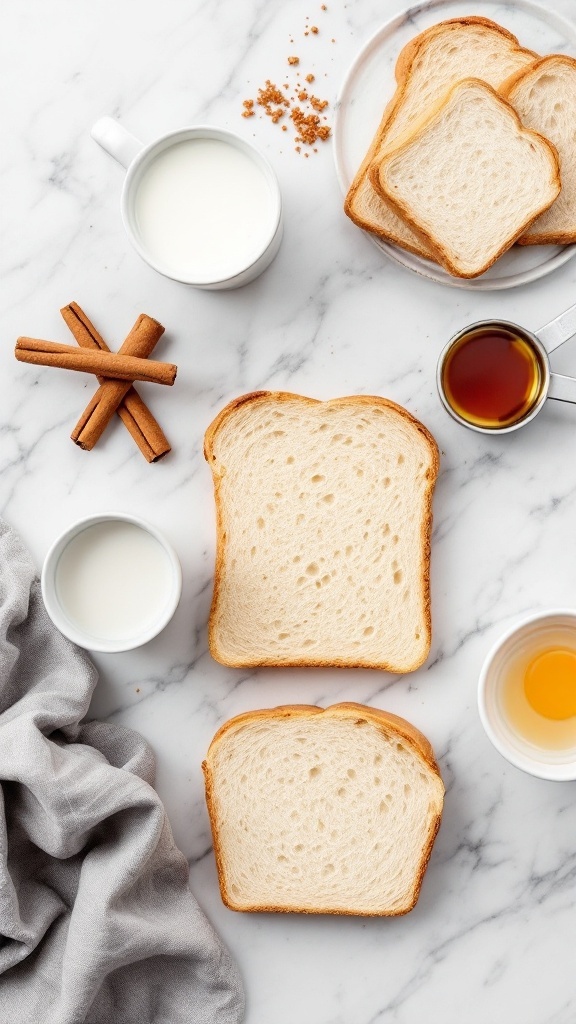 Ingredients for Air Fryer French Toast Sticks including bread, eggs, milk, butter, sugar, and cinnamon.