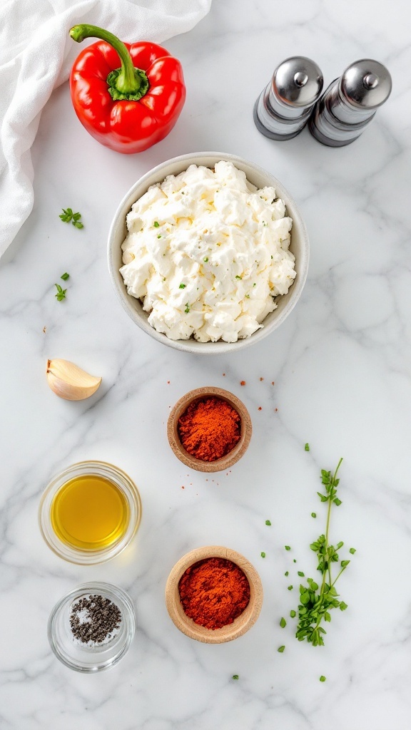Ingredients for high protein cottage cheese and roasted red pepper dip including cottage cheese, red bell pepper, garlic, olive oil, smoked paprika, and green onions.