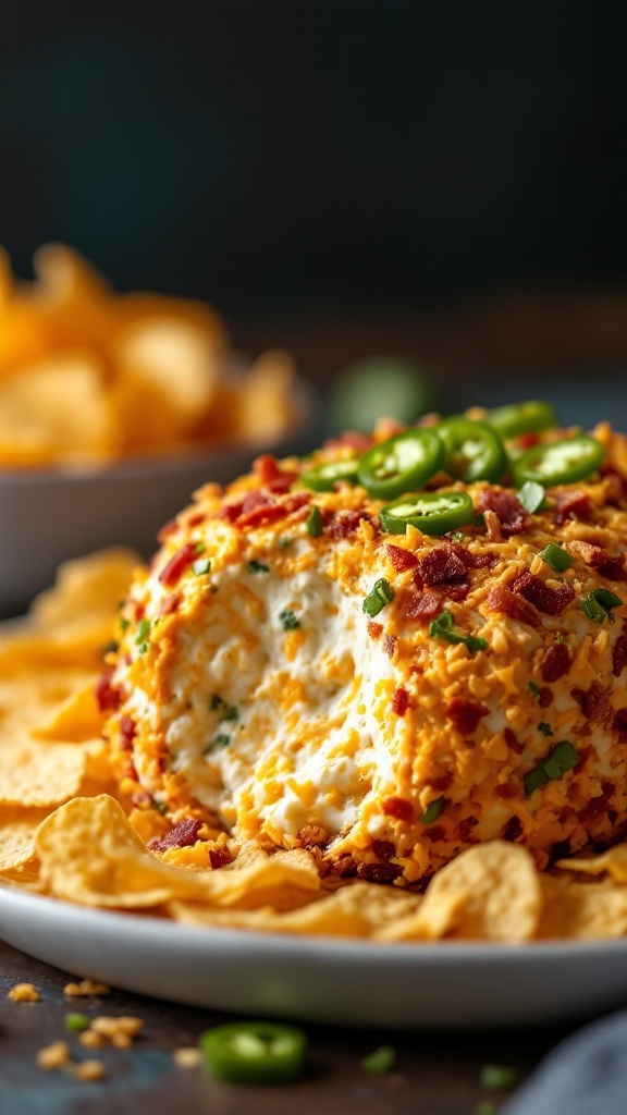 A delicious Jalapeño Popper Cheese Ball coated in bacon and cheddar cheese, served with tortilla chips.