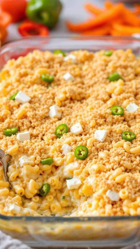 A delicious serving of Jalapeño Popper Mac and Cheese Casserole topped with crunchy breadcrumbs and jalapeño slices.
