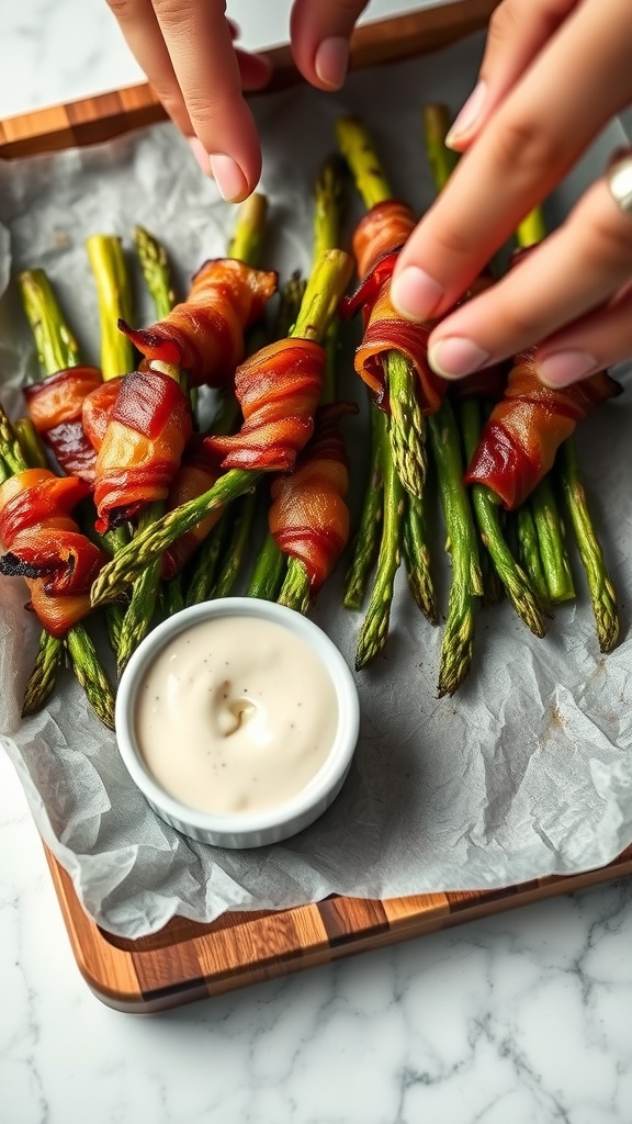 Bacon-wrapped asparagus on a tray with a creamy dipping sauce