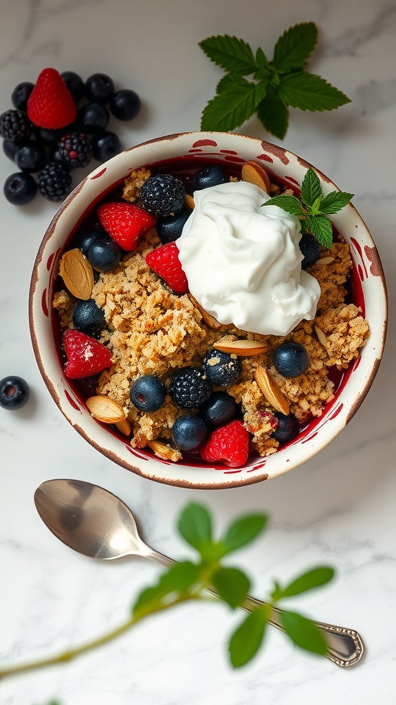 A bowl of Keto Berry Crumble topped with whipped cream and fresh berries.