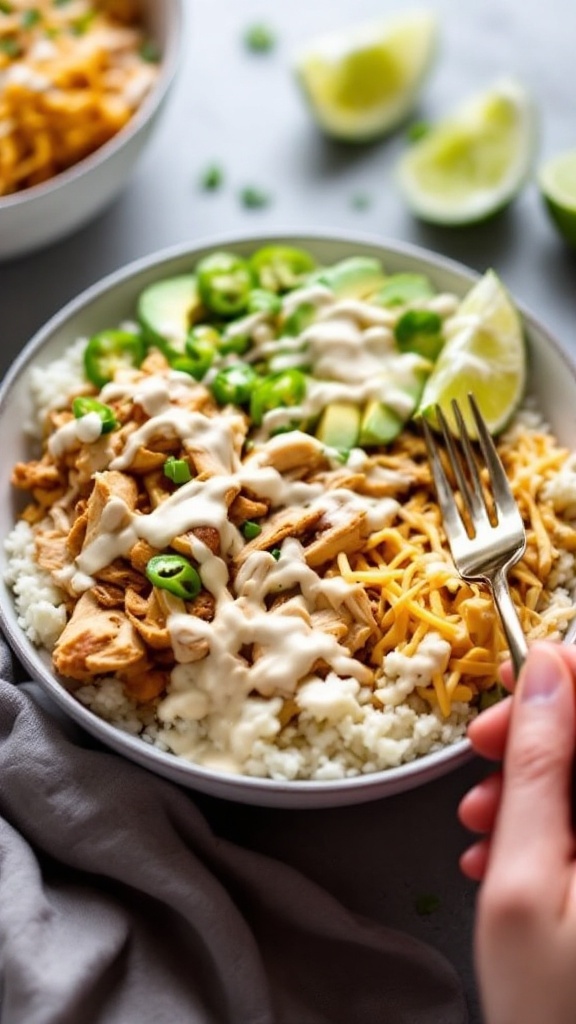 Keto Chicken Enchilada Bowl with chicken, avocado, and jalapeño
