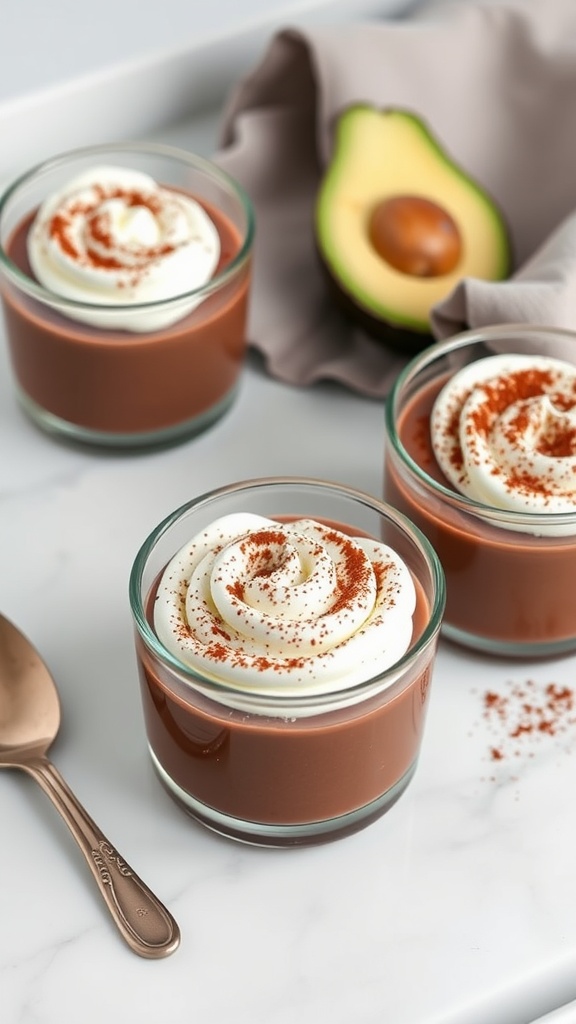 Keto Chocolate Avocado Mousse in glass cups with whipped cream and a sprinkle of cocoa powder