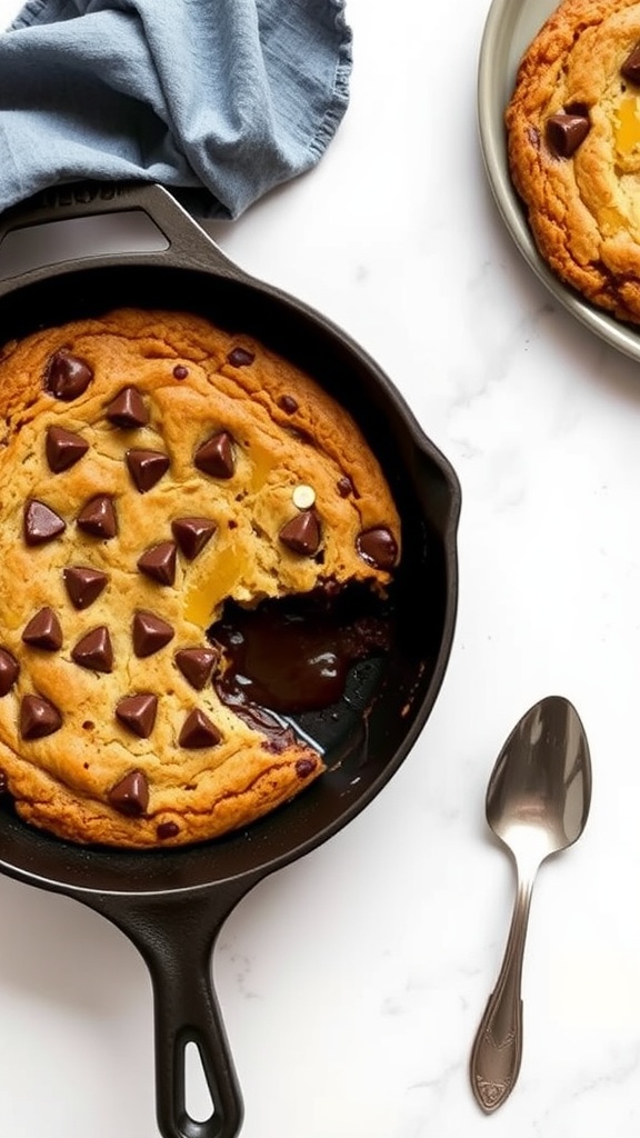 A deliciously baked Keto Chocolate Chip Skillet Cookie served in a cast iron skillet.