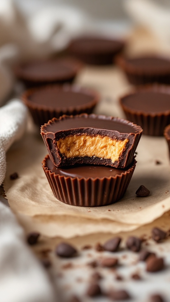 Keto chocolate peanut butter cups on a marble surface.