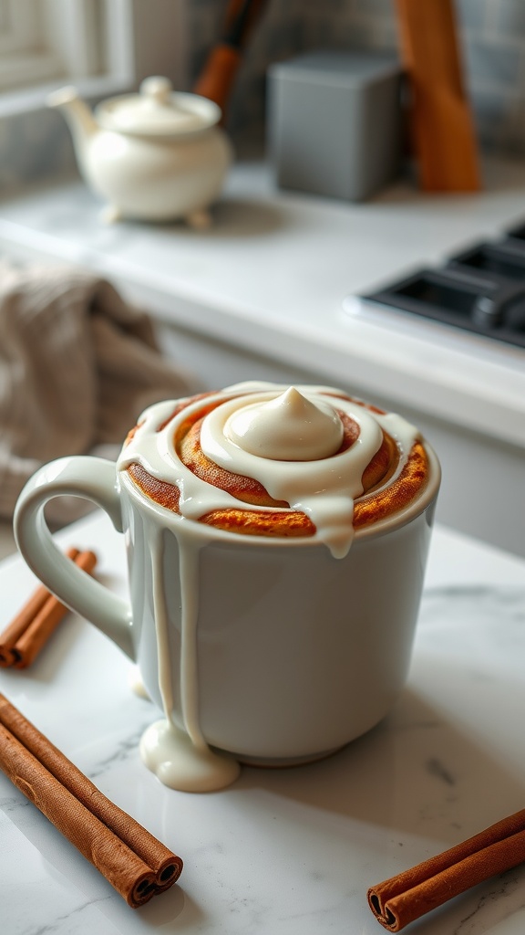 A delicious Keto Cinnamon Roll Mug Cake topped with creamy frosting in a white mug on a marble surface.