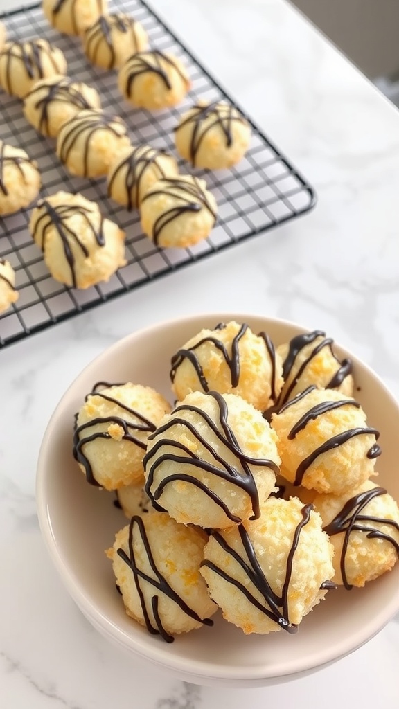 A bowl of keto coconut macaroons drizzled with chocolate.