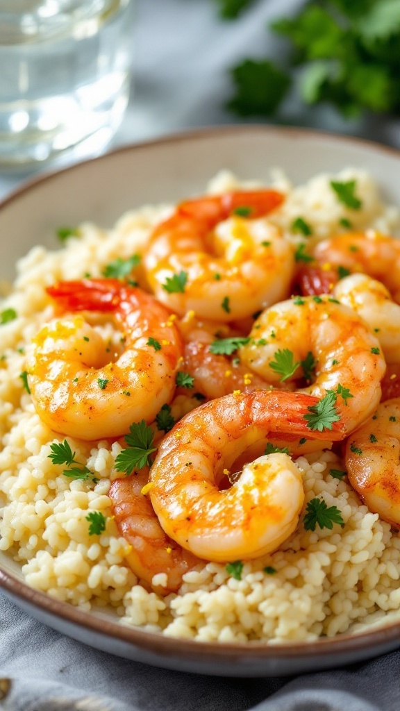 Keto garlic butter shrimp served over cauliflower rice with a garnish of parsley.