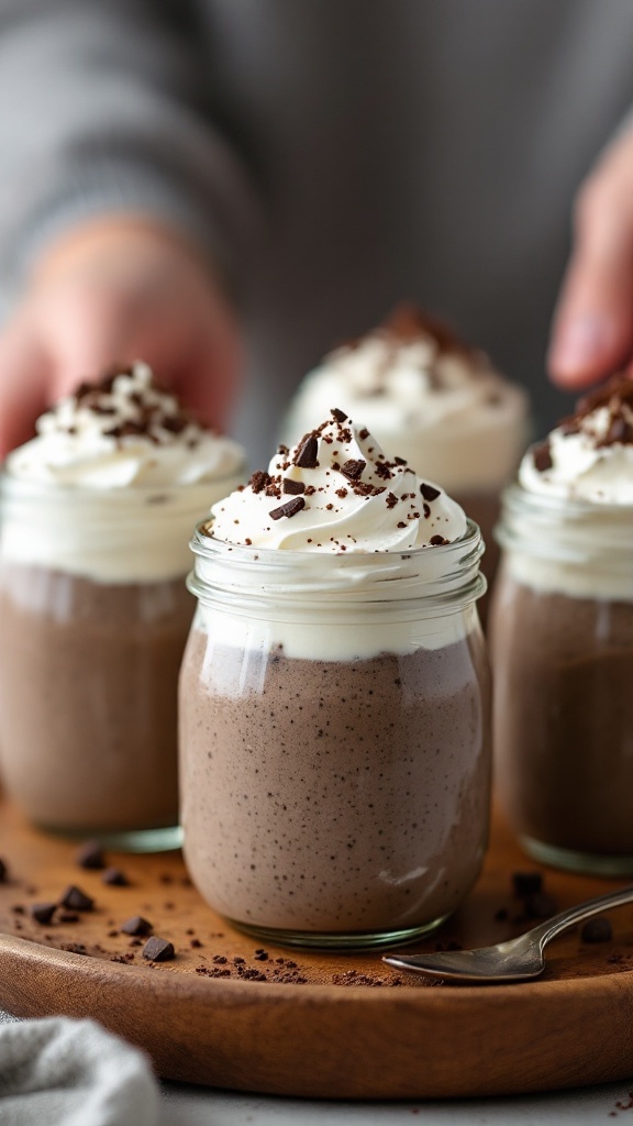 Keto Mocha Chia Pudding served in jars with whipped cream and chocolate shavings.