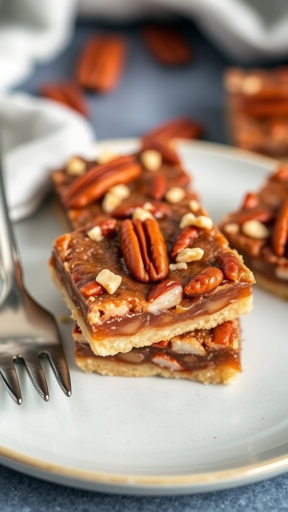 Keto pecan pie bars on plates with a fork nearby.