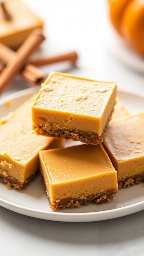 Keto Pumpkin Cheesecake Bars on a plate with cinnamon sticks and mini pumpkins.