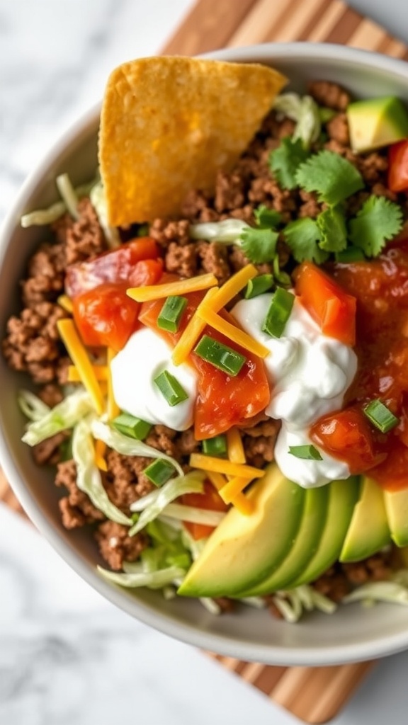 A delicious Keto Taco Salad Bowl filled with seasoned beef, fresh vegetables, and toppings.