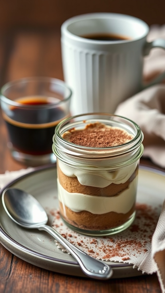 A jar of keto tiramisu with layers of cream and cocoa powder.