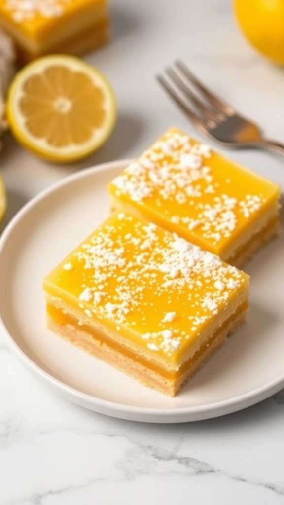 Lemon cottage cheese bars on a plate with lemon slices.