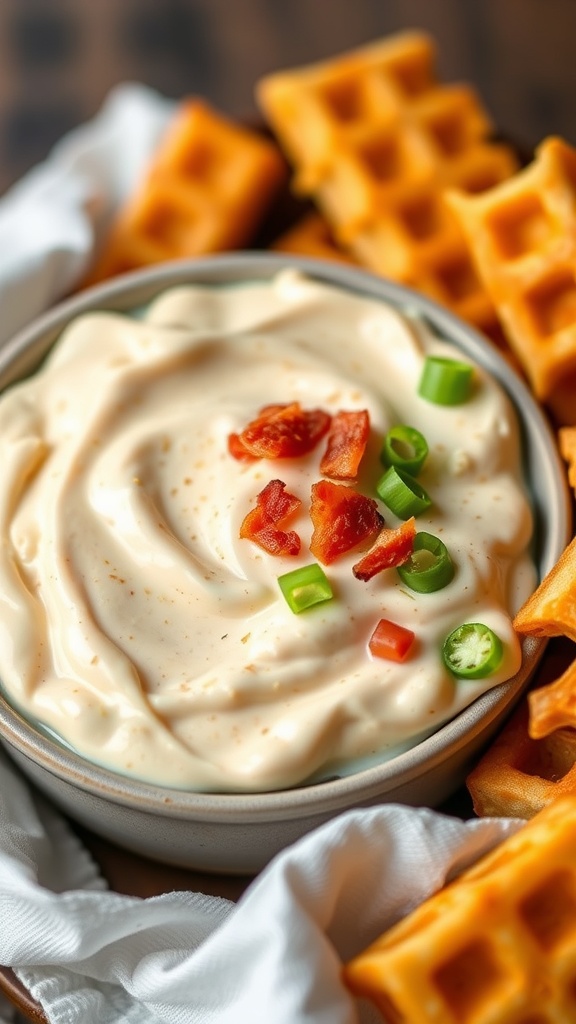 A creamy loaded baked potato dip garnished with bacon and green onions, served with waffle-like dippers.