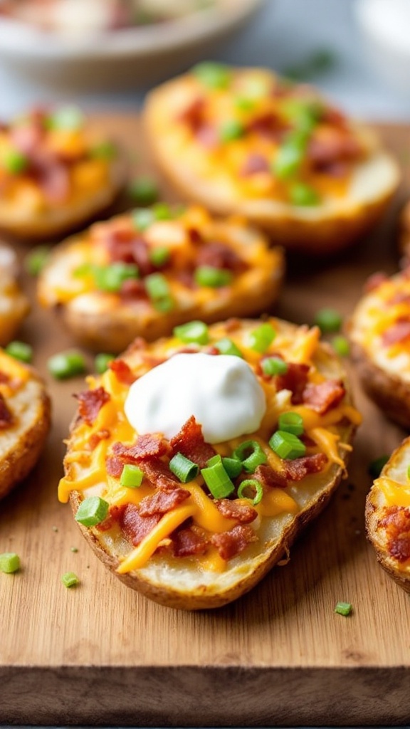 Delicious loaded potato skins topped with cheese, bacon, green onions, and sour cream.