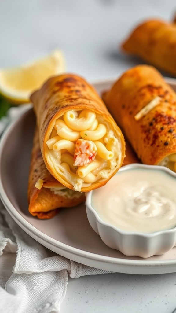 Delicious lobster mac and cheese egg rolls served with a side sauce.