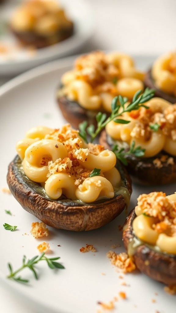 Delicious mac and cheese-stuffed mushrooms topped with breadcrumbs and herbs.