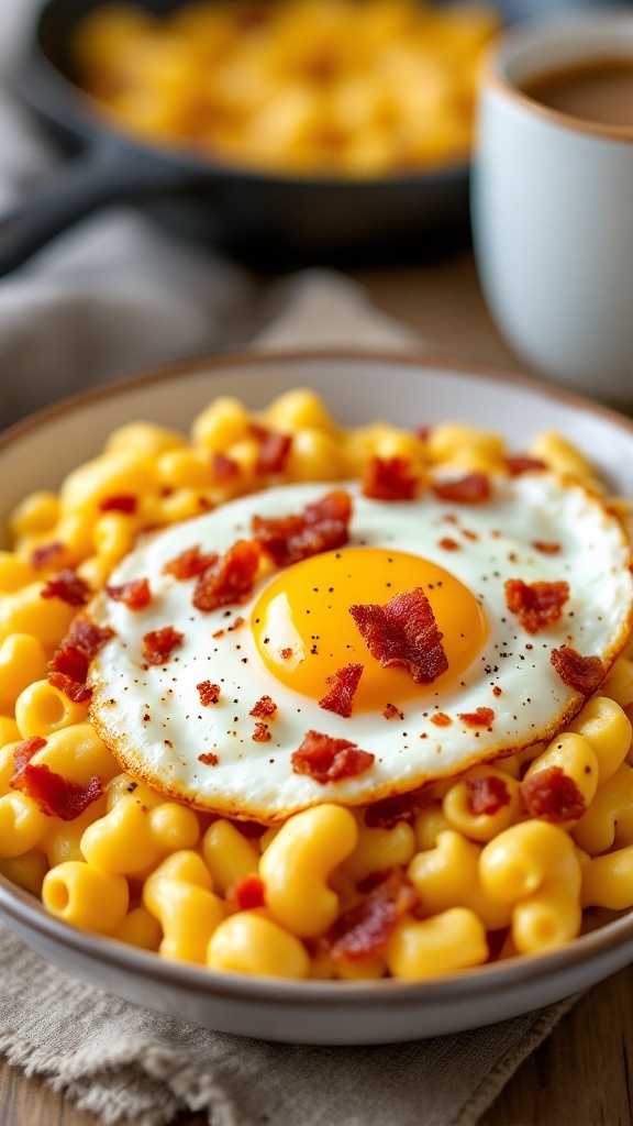 A delicious breakfast bowl of mac and cheese topped with a fried egg and crispy bacon.