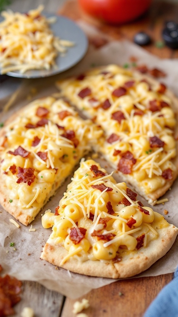 Mac and Cheese Flatbread Pizza topped with bacon