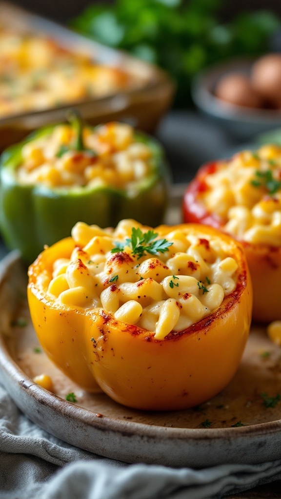 Colorful bell peppers stuffed with creamy macaroni and cheese.