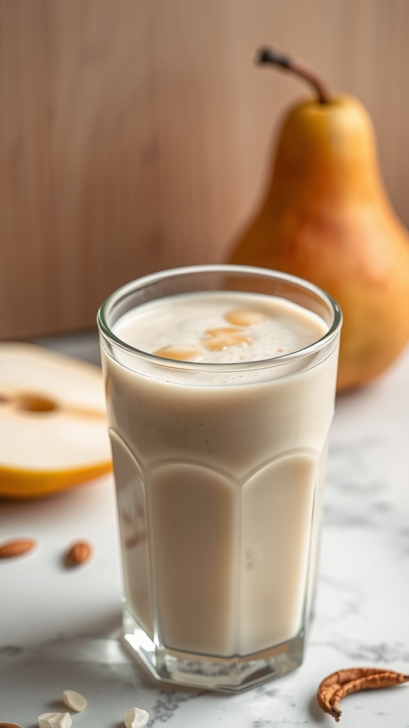 A glass of creamy maple pear smoothie next to a pear on a surface.