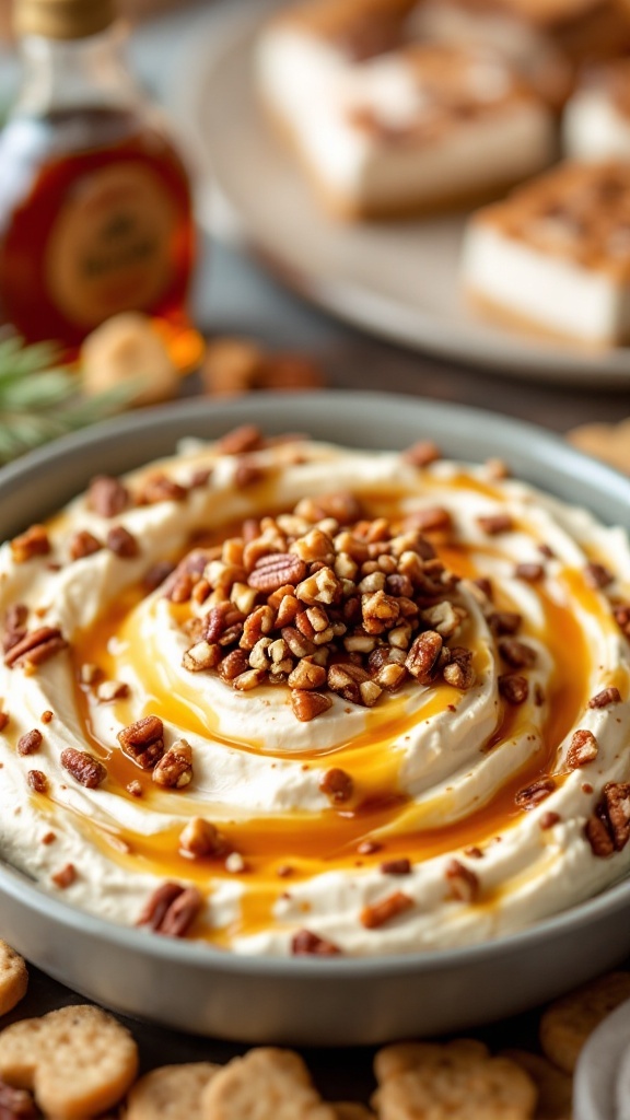 Maple Pecan Cream Cheese Dip with chopped pecans and maple syrup