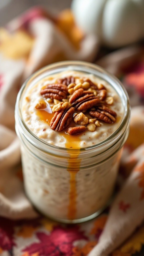 A jar of maple pecan overnight oats topped with pecans and maple syrup.