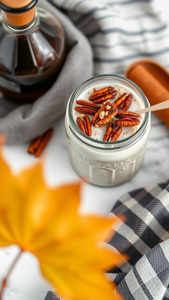 A jar of Maple Pecan Overnight Oats topped with pecans and set against a cozy backdrop.