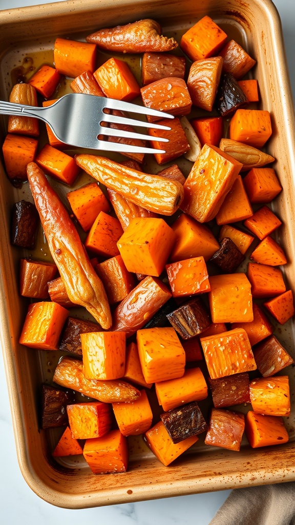 A dish of maple roasted root vegetables, featuring colorful diced sweet potatoes, carrots, and parsnips.