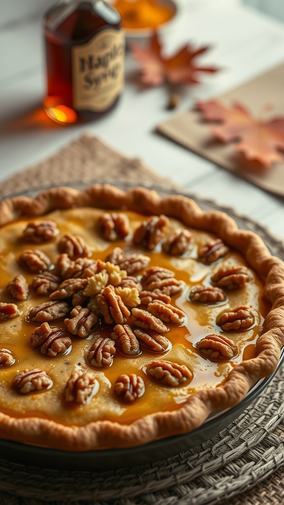 A delicious maple walnut pie topped with walnuts