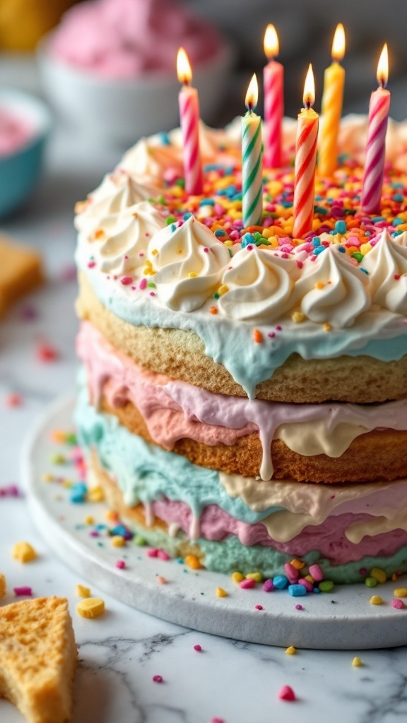 A colorful marshmallow ice cream cake with multiple layers and candles on top.